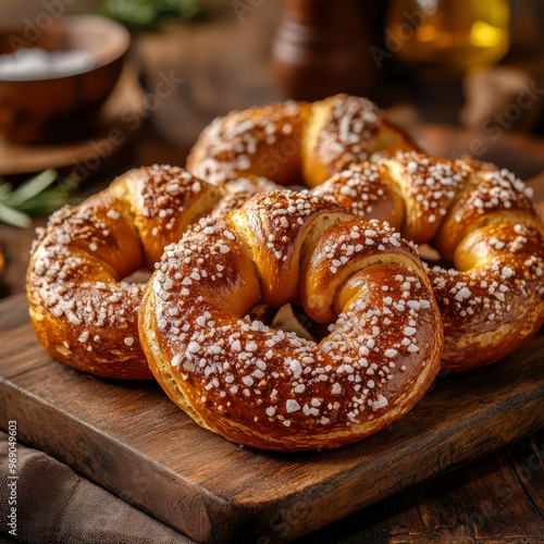 Freshly Baked Pretzels with Coarse Salt on Wooden Board