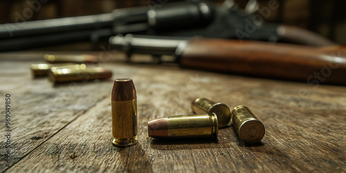 A collection of empty bullet casings scattered on a wooden table, contrasting with vintage rifles in the background.