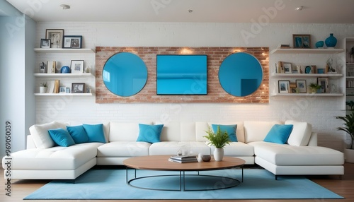 Photo modern style interior room 3d illustration Interior frame living room with colorful white sofa,led with blank frame photo