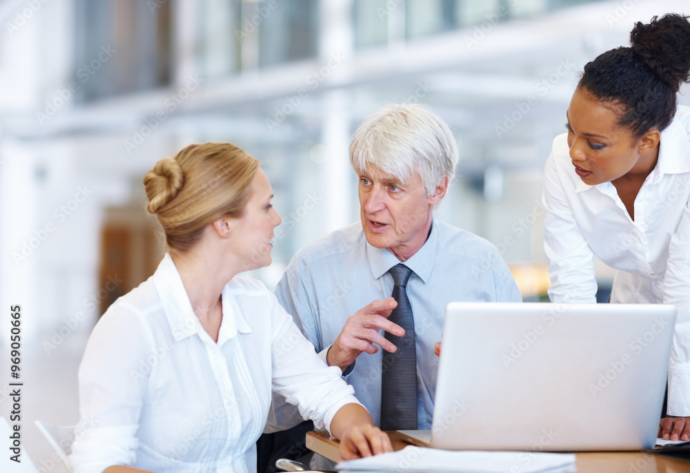 Fototapeta premium Business people, laptop and finance research in office, budget planning and team for collaboration. Staff, online and stock market website for exchange revenue, reading update and ideas for growth