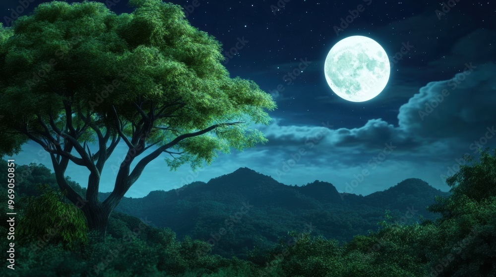 Fototapeta premium A full moon shining over a green forest with trees, AI