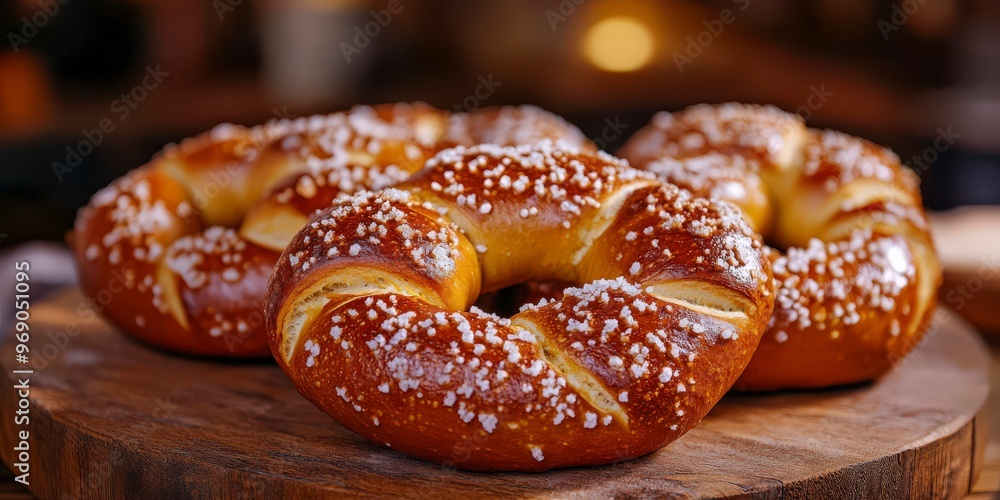 Freshly Baked Pretzels with Coarse Salt on Wooden Board Freshly Baked Pretzels with Coarse Salt on Wooden Board