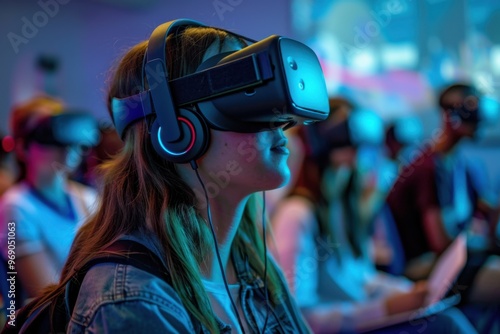 Woman wearing VR glasses in a virtual classroom