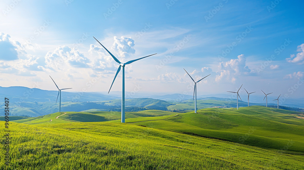 A field of wind turbines turning gracefully in the breeze, set against a backdrop of rolling green hills and a bright blue sky A field of wind turbines turning gracefully in the breeze, set against a backdrop of rolling green hills and a bright blue sky