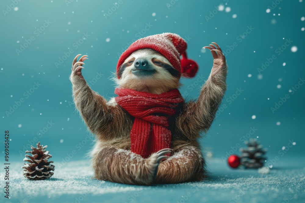 A peaceful sloth wearing a Santa hat meditating with a blissful smile, surrounded by falling snowflakes and candy canes A peaceful sloth wearing a Santa hat meditating with a blissful smile, surrounded by falling snowflakes and candy canes