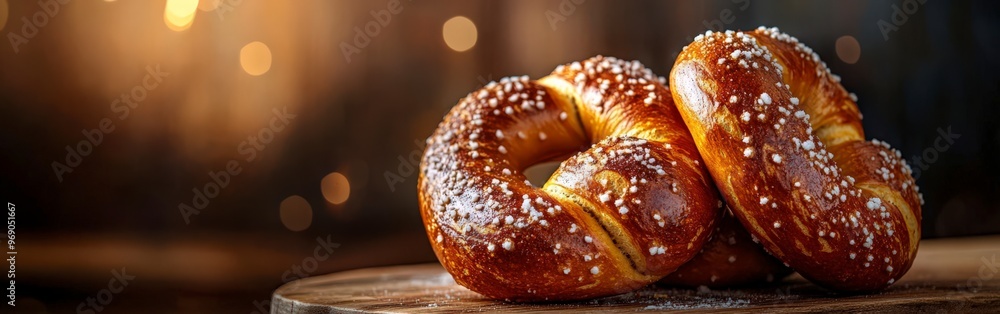 Freshly Baked Pretzels with Coarse Salt on Wooden Board Freshly Baked Pretzels with Coarse Salt on Wooden Board