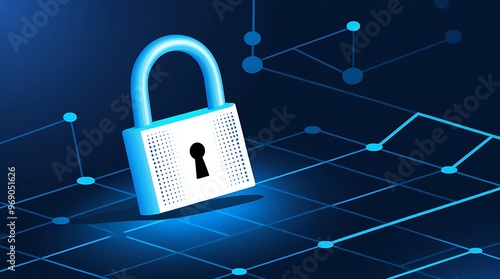 Wallpaper Mural Illustration of a large blue padlock in the center, surrounded by interconnected lines symbolizing digital connections and security, set against a dark blue to black gradient background. Torontodigital.ca