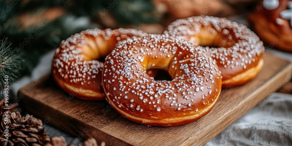 Freshly Baked Pretzels with Coarse Salt on Wooden Board Freshly Baked Pretzels with Coarse Salt on Wooden Board