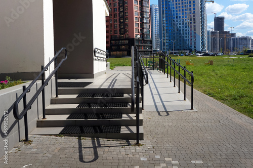 Steps and Ramp of Entrance to Modern Building.