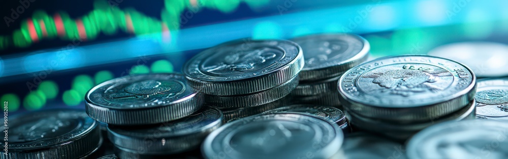 Double Exposure Stock Market Graph with Coins Double Exposure Stock Market Graph with Coins