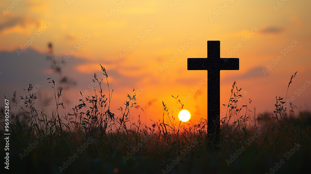 concept conceptual black cross religion symbol silhouette in grass over sunset or sunrise sky, concept conceptual black cross religion symbol silhouette in grass over sunset or sunrise sky,