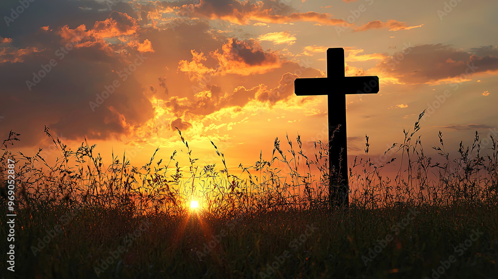 concept conceptual black cross religion symbol silhouette in grass over sunset or sunrise sky, concept conceptual black cross religion symbol silhouette in grass over sunset or sunrise sky,