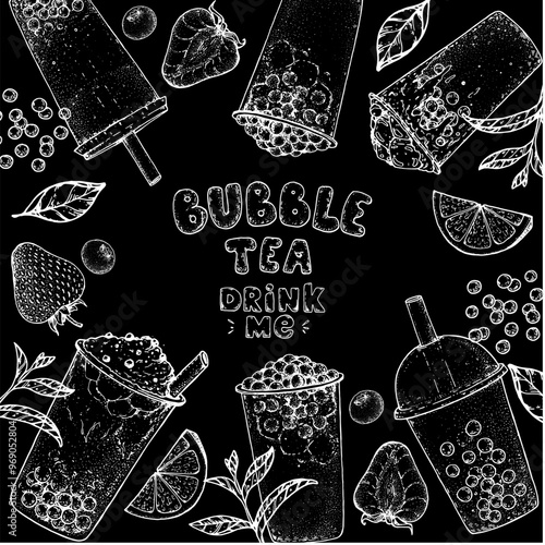 Bubble tea frame. Hand drawn vector illustration. Bubble tea sketch collection. Design template.	