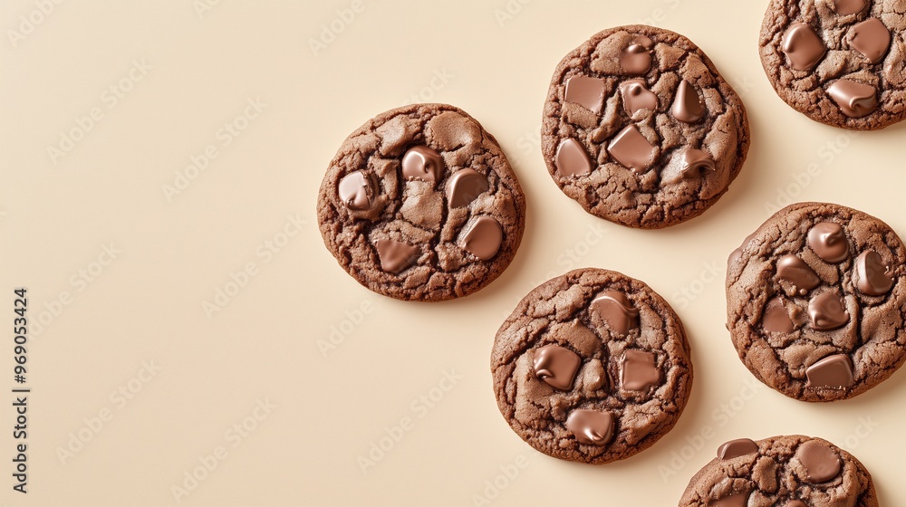 Delicious Double Chocolate Cookies on Beige Background Delicious Double Chocolate Cookies on Beige Background