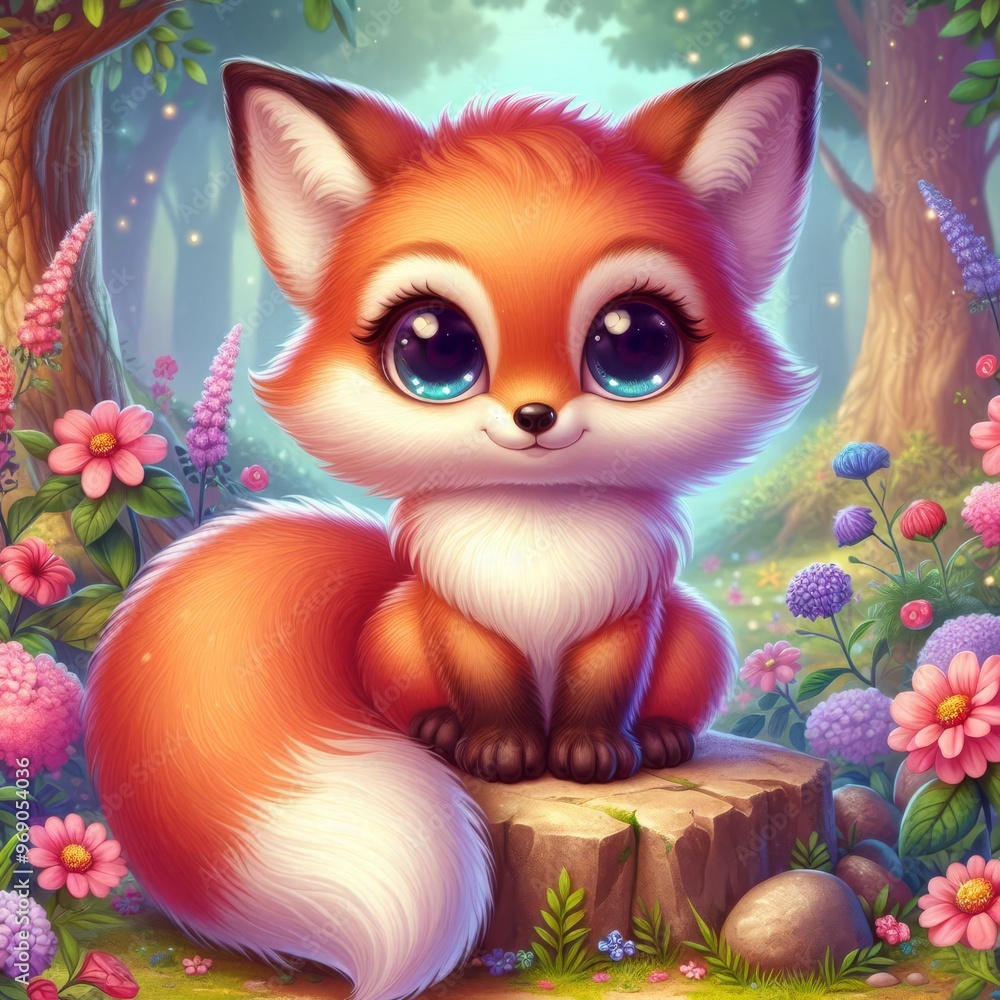 A charming cartoon fox with large expressive eyes sits on a tree stump in a magical forest. The scene is filled with vibrant flowers and lush greenery, creating an enchanting and whimsical atmosphere A charming cartoon fox with large expressive eyes sits on a tree stump in a magical forest. The scene is filled with vibrant flowers and lush greenery, creating an enchanting and whimsical atmosphere