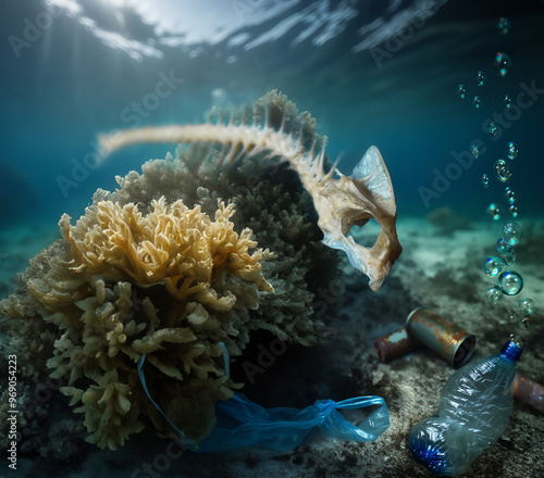 A sea bream skeleton floats on the sea floor above a plastic bag entwined in seaweed and other thrown garbage: a plastic bottle and rusty tin cans. photo