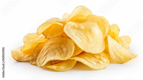 Yellow potato chips pile isolated on white background. Neural network ai generated art