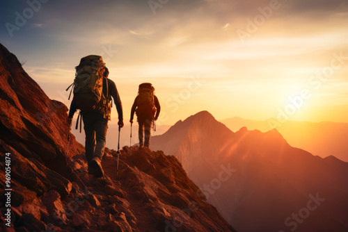 The man in hiking gear climbing a mountain trail, helping his companion