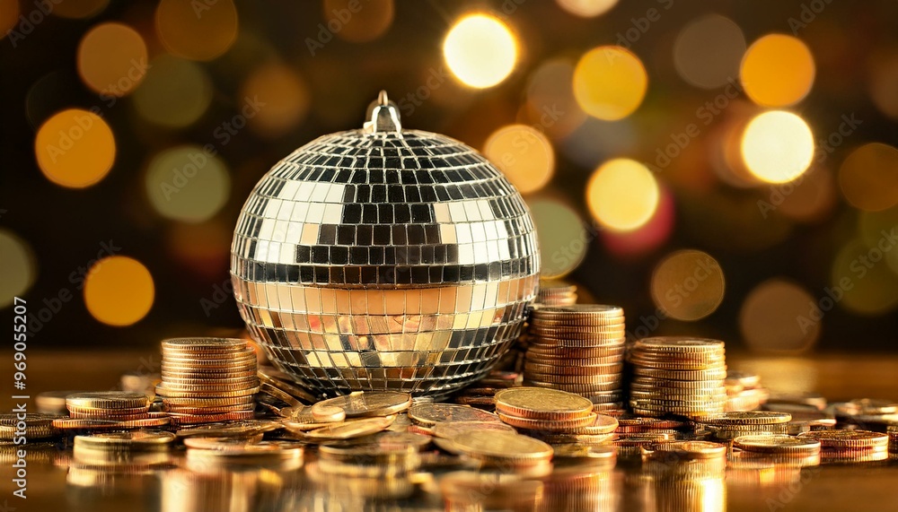Obraz premium Disco ball, Financial theme depicting a disco ball resting on a pile of coins. This image represents concepts of money and wealth in global finance,disco ball 