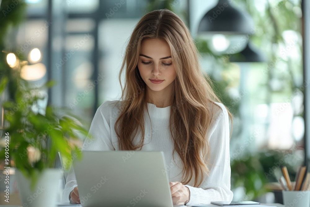 A Young Woman Engaged in Work While Surrounded by Lush Greenery and Modern Interior Design. A Young Woman Engaged in Work While Surrounded by Lush Greenery and Modern Interior Design.