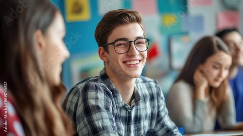 A young man in glasses smiles at a desk in a classroom