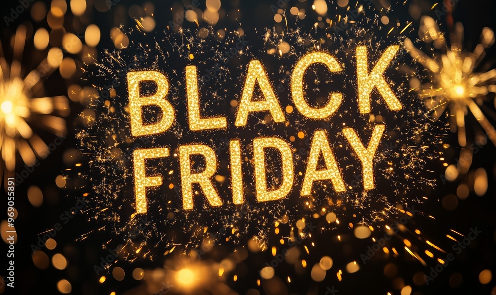 Sparkling “Black Friday” text with gold glitter and light effects, perfect for promoting holiday sales and shopping events Sparkling “Black Friday” text with gold glitter and light effects, perfect for promoting holiday sales and shopping events