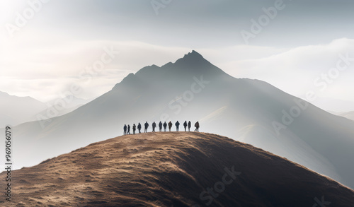 The  elderly man leading a group of people through mountains, with bright sunlight photo