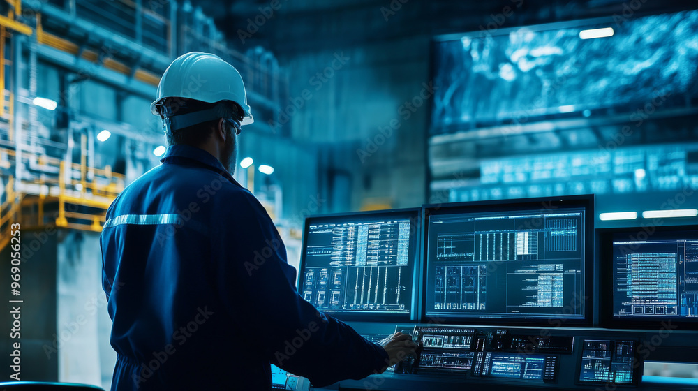 Engineers working at a hydroelectric dam, monitoring the flow of water and energy production on digital screens Engineers working at a hydroelectric dam, monitoring the flow of water and energy production on digital screens