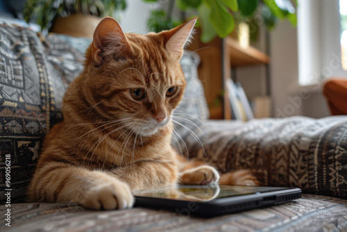 Ginger Cat Using Tablet on Cozy Sofa Amidst Greenery and Bookshelves