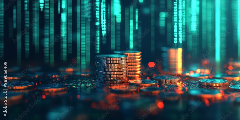 Obraz premium Double Exposure Stock Market Graph with Coins
