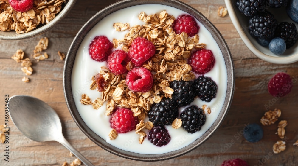 Generative AI of a yogurt breakfast bowl topped with fresh berries, granola, and crunchy cereal, served with milk, overhead shot Generative AI of a yogurt breakfast bowl topped with fresh berries, granola, and crunchy cereal, served with milk, overhead shot
