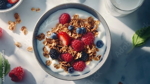 Generative AI of an overhead breakfast bowl filled with yogurt, crunchy granola, fresh berries, and cereal, with a glass of milk on the side