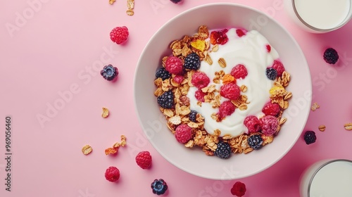 Generative AI of an overhead breakfast bowl filled with yogurt, crunchy granola, fresh berries, and cereal, with a glass of milk on the side photo