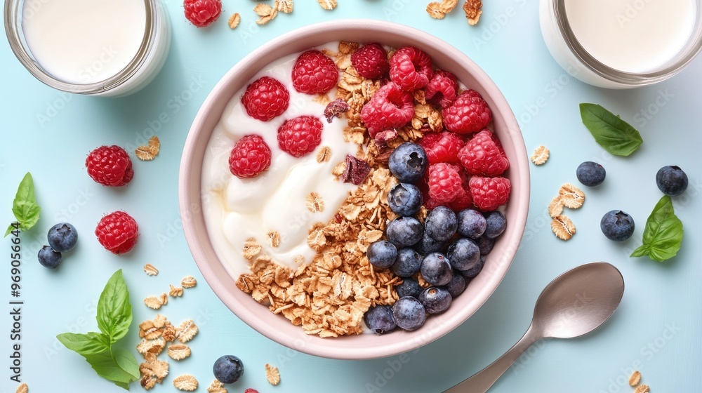 Healthy breakfast bowl featuring yogurt, fresh berries, granola, and cereal, paired with a glass of milk, overhead shot, generative AI Healthy breakfast bowl featuring yogurt, fresh berries, granola, and cereal, paired with a glass of milk, overhead shot, generative AI