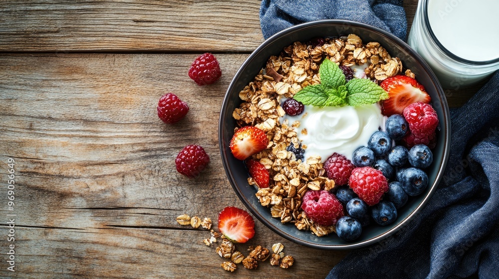 Healthy breakfast bowl featuring yogurt, fresh berries, granola, and cereal, paired with a glass of milk, overhead shot, generative AI Healthy breakfast bowl featuring yogurt, fresh berries, granola, and cereal, paired with a glass of milk, overhead shot, generative AI