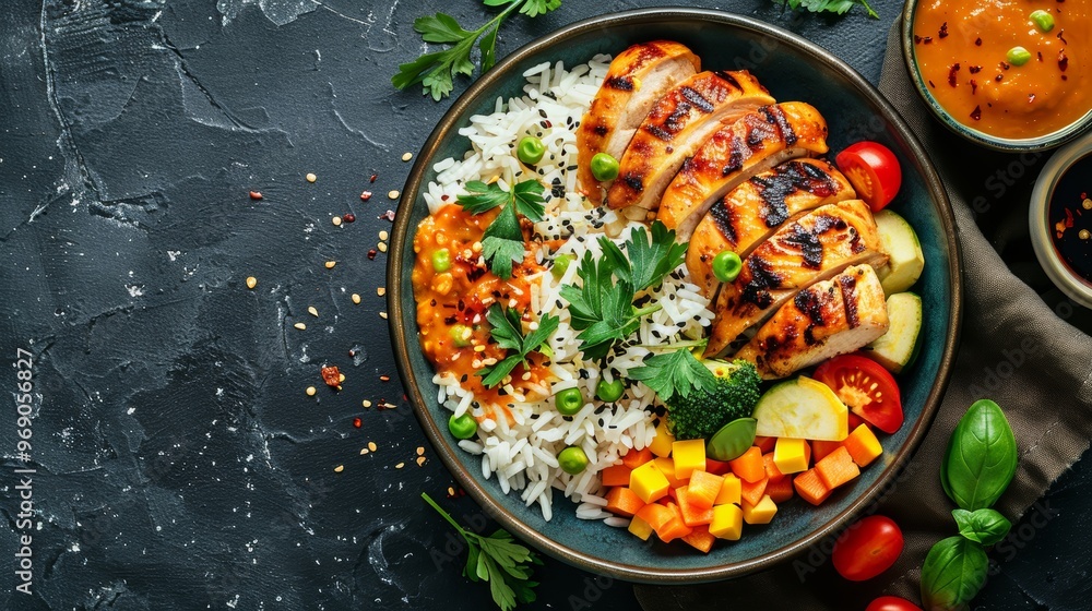 Delicious and fresh roasted slices of curry chicken with rice and vegetables on a dark concrete background Delicious and fresh roasted slices of curry chicken with rice and vegetables on a dark concrete background