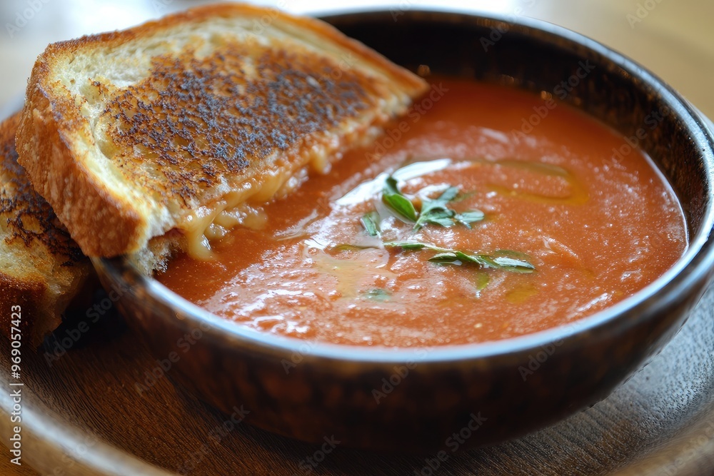 A bowl of rich, creamy tomato soup served with a side of crispy grilled cheese sandwich A bowl of rich, creamy tomato soup served with a side of crispy grilled cheese sandwich