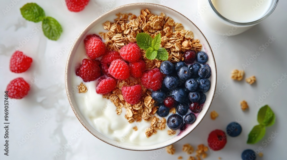 Top view of a healthy breakfast bowl with creamy yogurt, fresh berries, granola, and cereal, paired with a glass of milk, generative AI Top view of a healthy breakfast bowl with creamy yogurt, fresh berries, granola, and cereal, paired with a glass of milk, generative AI