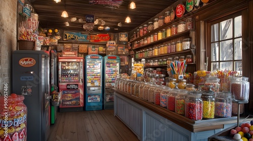 A candy store interior with shelves lined with jars of candy, old-fashioned vending machines, and vintage signage