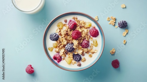 Top view of a healthy breakfast bowl with creamy yogurt, fresh berries, granola, and cereal, paired with a glass of milk, generative AI