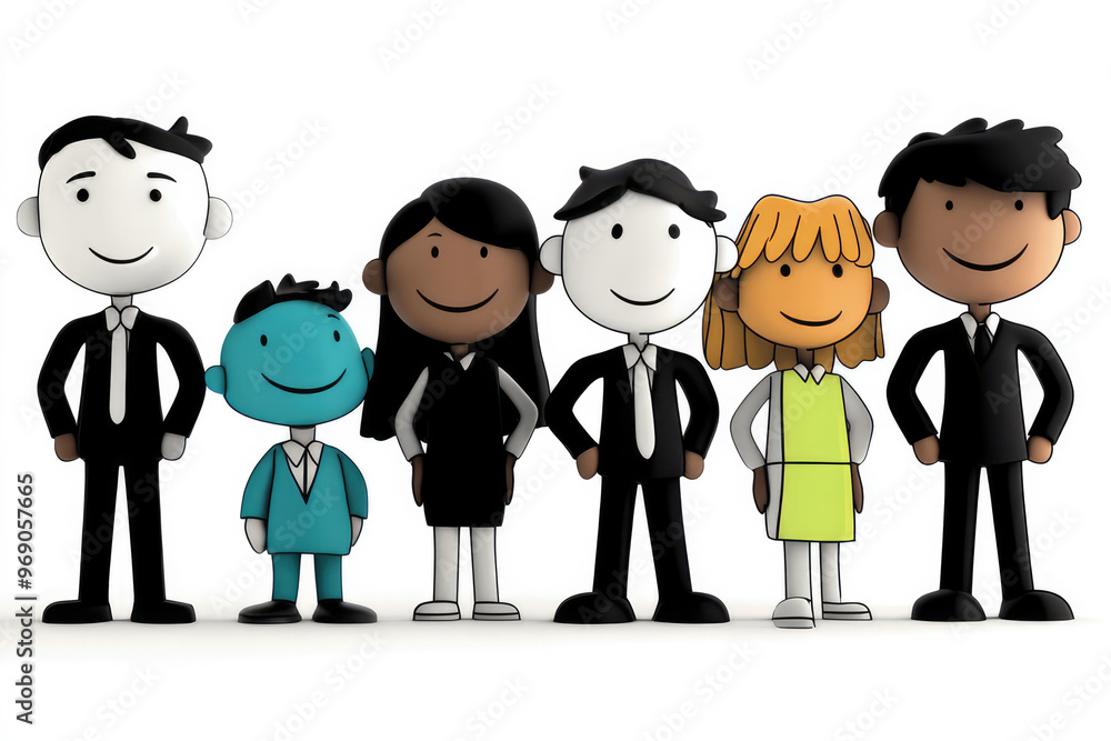 A group of stylized cartoon characters, including five adults and one child, standing and smiling in a straightforward, colorful illustration. A group of stylized cartoon characters, including five adults and one child, standing and smiling in a straightforward, colorful illustration.