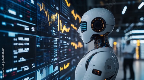 Futuristic AI-powered virtual personal finance advisors predicting market trends: AI systems offering personalized financial advice and stock market predictions.