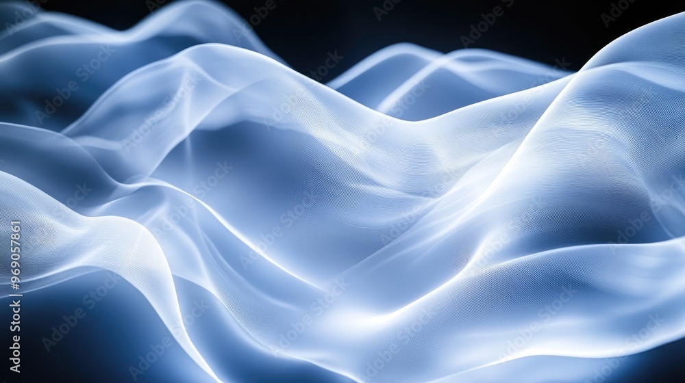 Fototapeta premium Ultra-wide background image with dynamic glowing transparent white lines and flowing waves, creating a sleek and futuristic visual