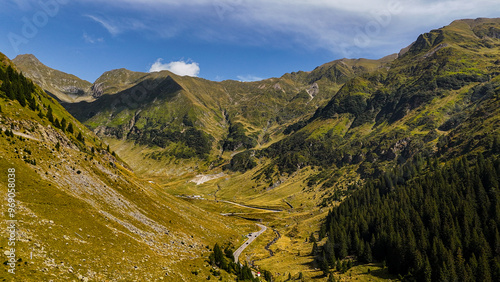 Top cinematic aerial view to the Transfagaras famous curvy road in Romania. Aerial view of Transfagarasan road in Fagarash Mountain. photo