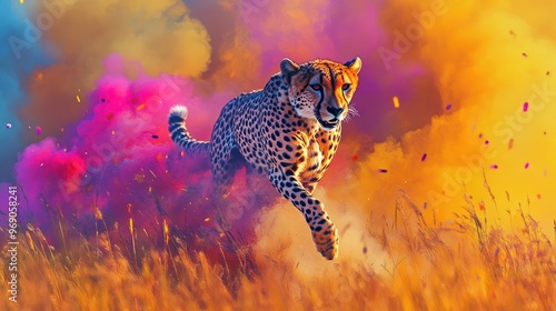 Vibrant cheetah running through a colorful grass field, followed by dynamic transparent colored smoke, in a stunning digital art piece