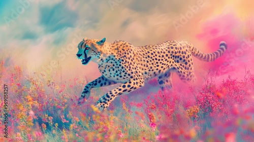 Vibrant cheetah running through a colorful grass field, followed by dynamic transparent colored smoke, in a stunning digital art piece