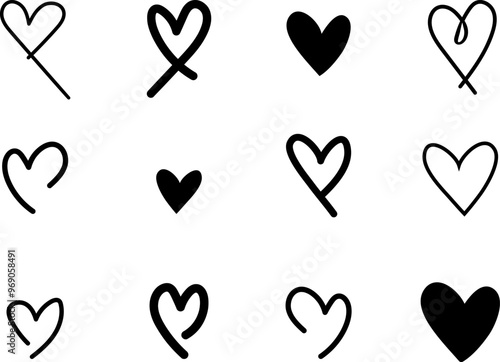 eart symbols isolated on a white background Red hand drawn icons for love, wedding, Valentine's day or other romantic design