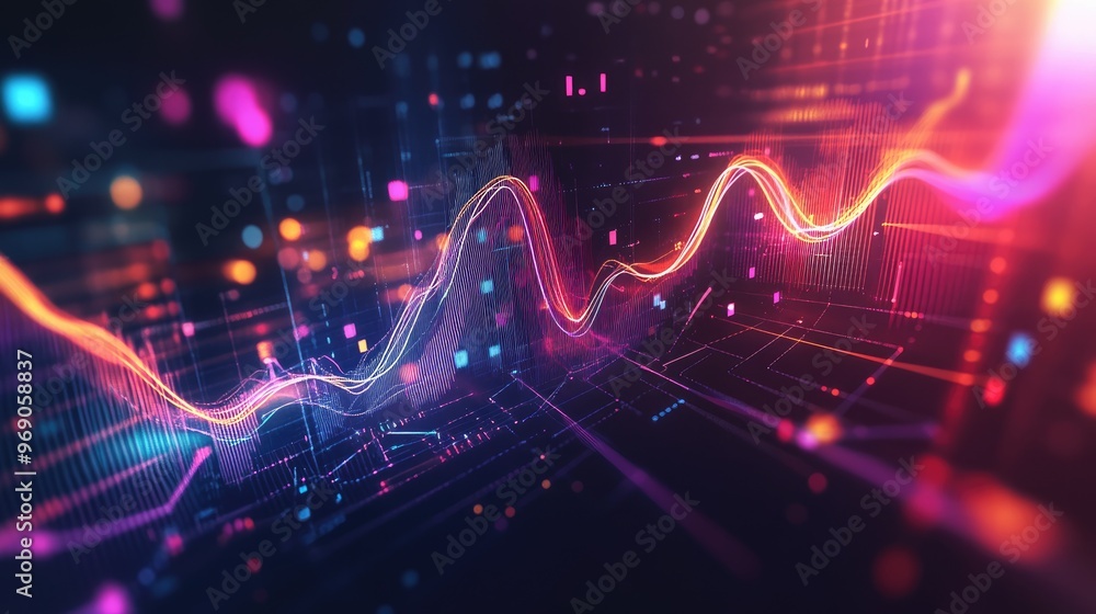 Vibrant graph displaying data trends and profits, overlaid with glowing transparent lines and waves, set on a sleek dark background