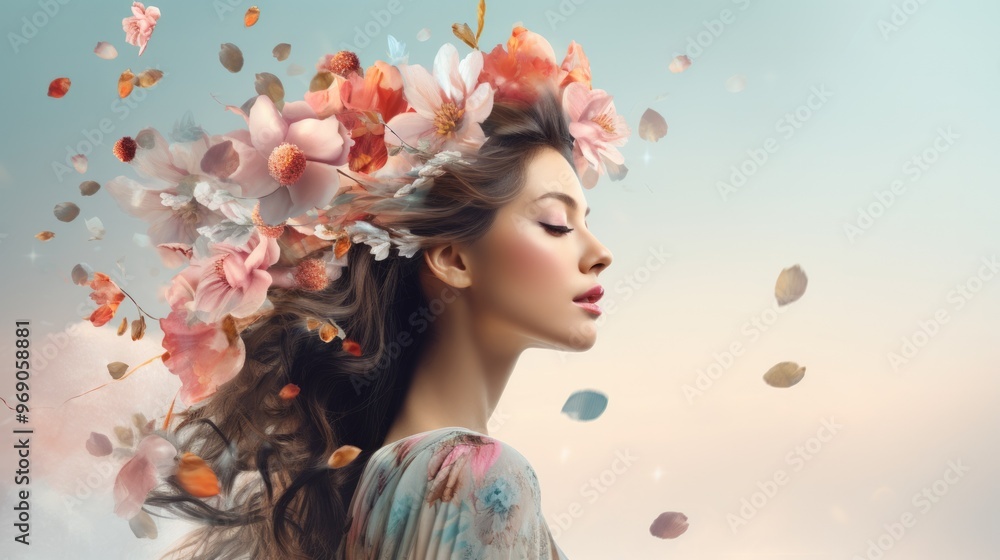 Young asian woman with many flowers from hair. Neural network ai generated art Young asian woman with many flowers from hair. Neural network ai generated art