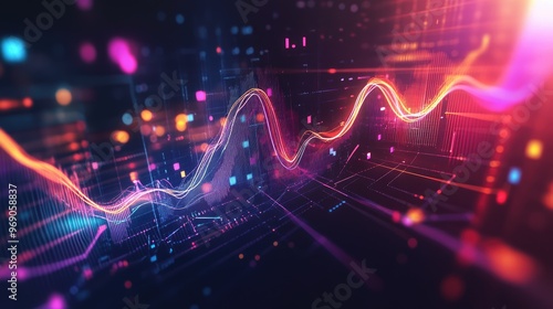 Obraz na płótnie Vibrant graph displaying data trends and profits, overlaid with glowing transparent lines and waves, set on a sleek dark background w salonie